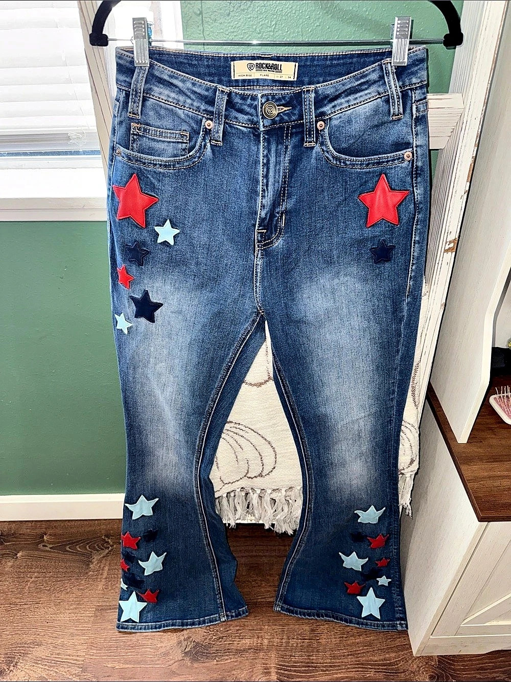 Rock & Roll Denim Women's Light Wash High Rise Star Print Americana Flare